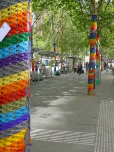 Yarn bombing down Swanston Street.