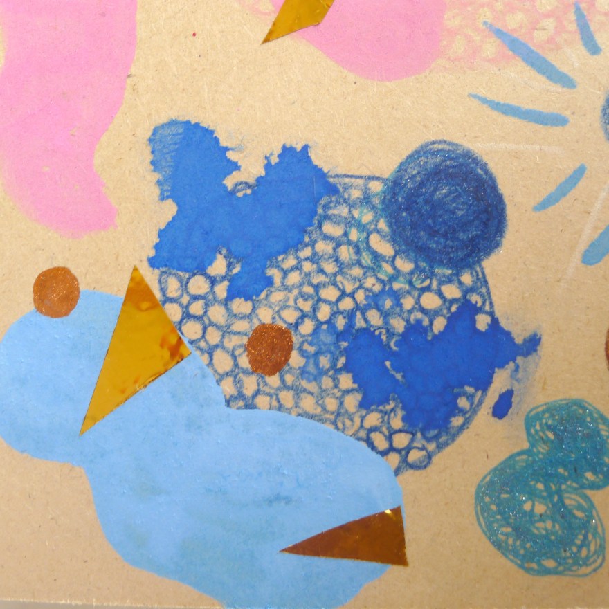 A close up of an little thing I've been working on lately in gouache, coloured pencil, watercolour, gold foil stickers and gell pens