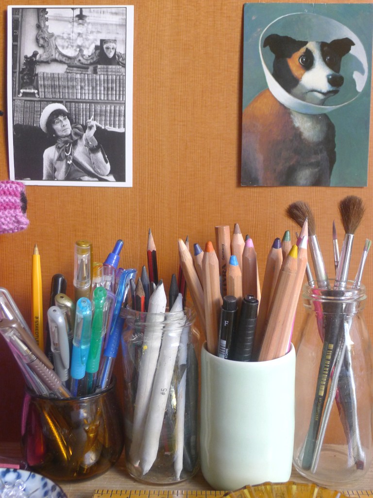 Some of my materials. And some images I got overseas. Coco Chanel smoking and Michal Sowa's artwork from the movie Amelie. Just some of my favourite things.