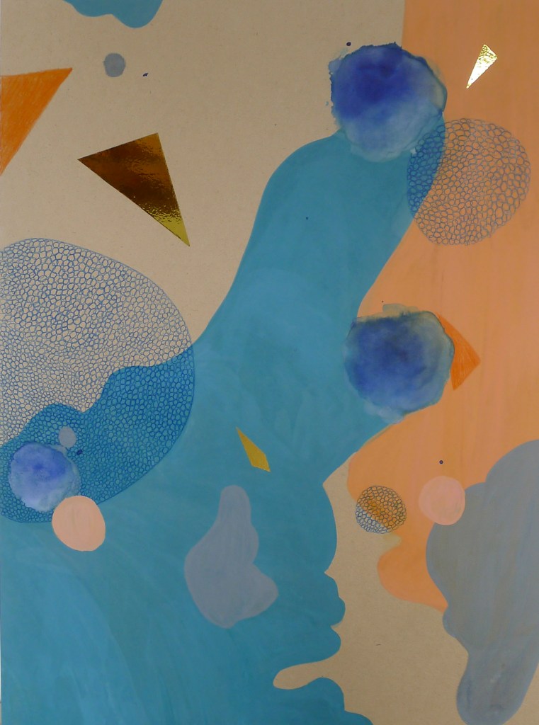 'Wedding Cells' 2015, gouache, watercolour, coloured pencil and gold foil stickers on board.